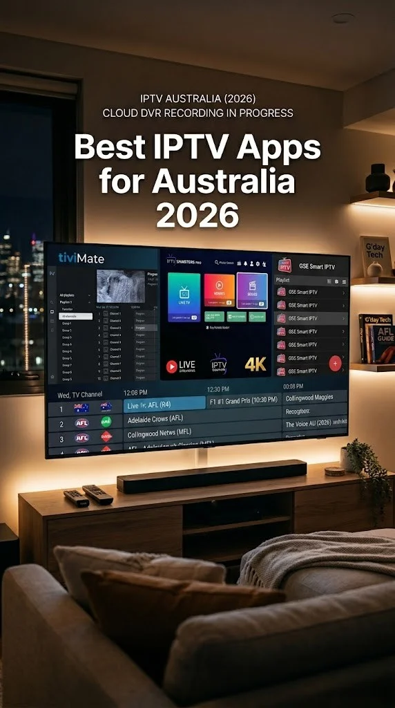 Cinematic smart TV setup displaying the best IPTV apps Australia in 2026, including TiviMate IPTV, Smarters Pro and GSE Smart IPTV with streaming interface, EPG guide and 4K playback dashboard highlighted with keyword “Best IPTV Apps for Australia 2026”