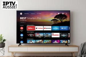 Smart TV showing Best IPTV Apps Available in Australia in bold on IPTVAUSSIE.COM’s app interface in an Australian living room.