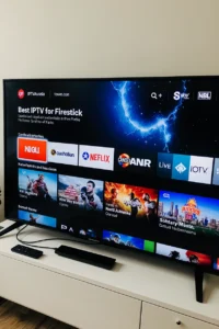 Firestick on Smart TV displaying Best IPTV for Streaming on Firestick in Australia with IPTVAUSSIE.COM interface in an Australian home.