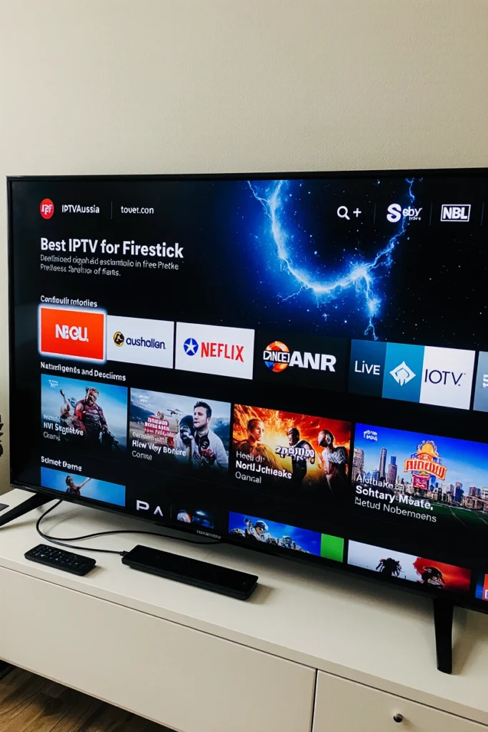 Firestick on Smart TV displaying Best IPTV for Streaming on Firestick in Australia with IPTVAUSSIE.COM interface in an Australian home.