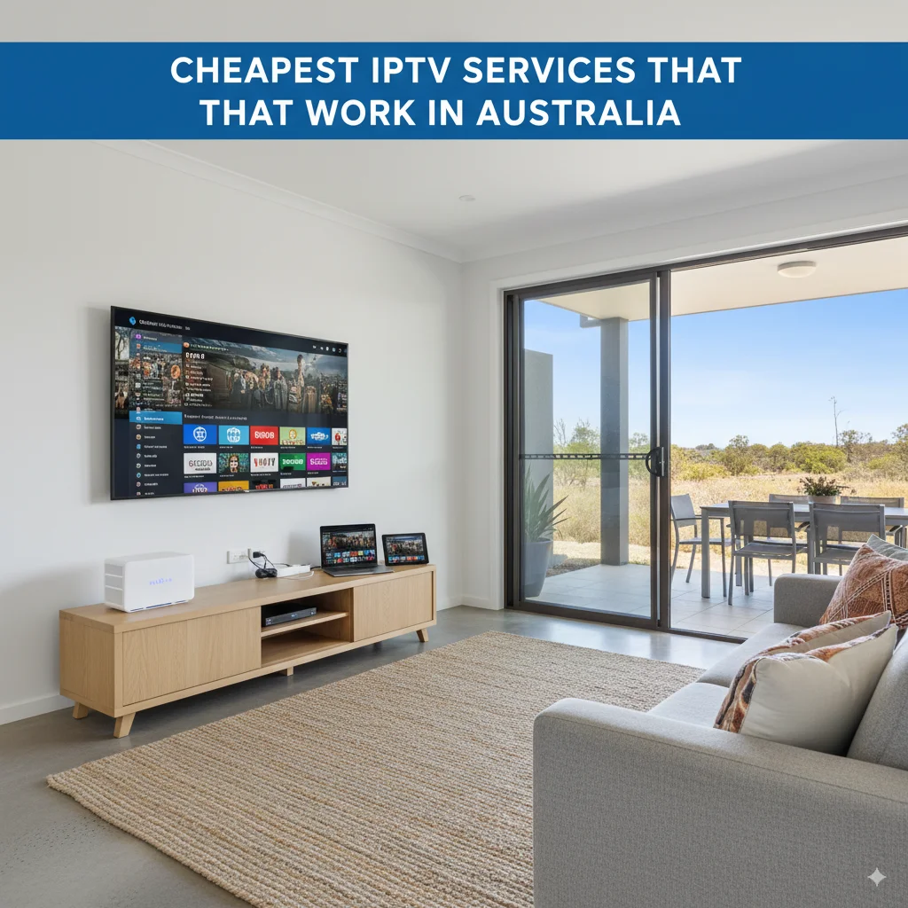 Cheapest IPTV Services That Work in Australia displayed on smart TV in a modern Australian living room with NBN connection