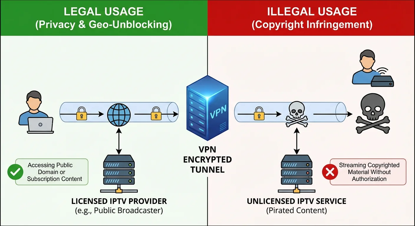 VPN usage comparison diagram showing legal IPTV access through licensed providers versus illegal copyright infringement when streaming unlicensed pirated content in Australia