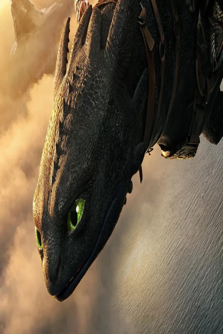 Close-up of Toothless the Night Fury dragon from the "How to Train Your Dragon" movie.