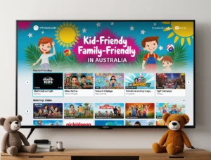 Android TV displaying Family-Friendly IPTV Services in Australia in bold on IPTVAUSSIE.COM’s kid-safe interface in an Australian living room.
