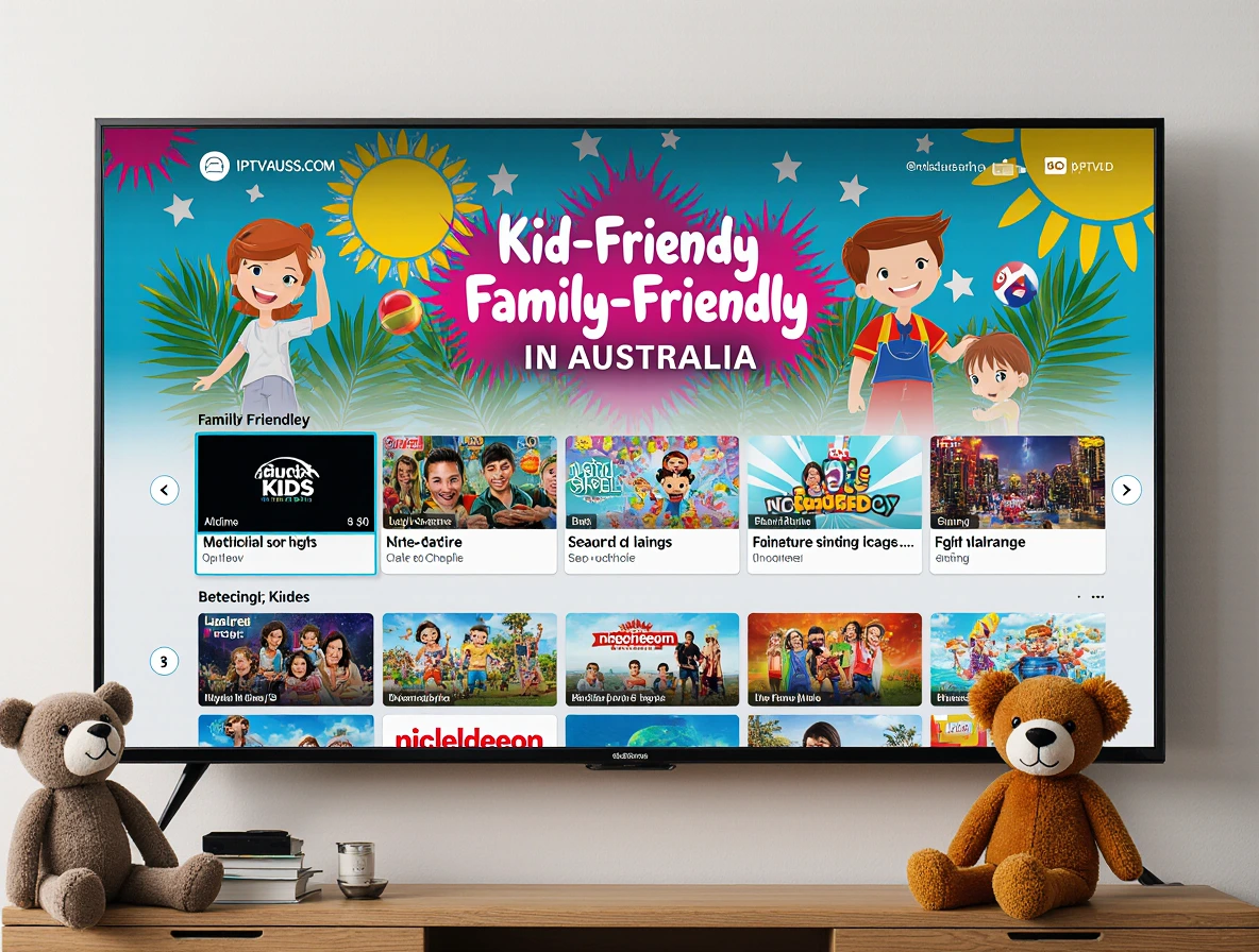 Android TV displaying Family-Friendly IPTV Services in Australia in bold on IPTVAUSSIE.COM’s kid-safe interface in an Australian living room.