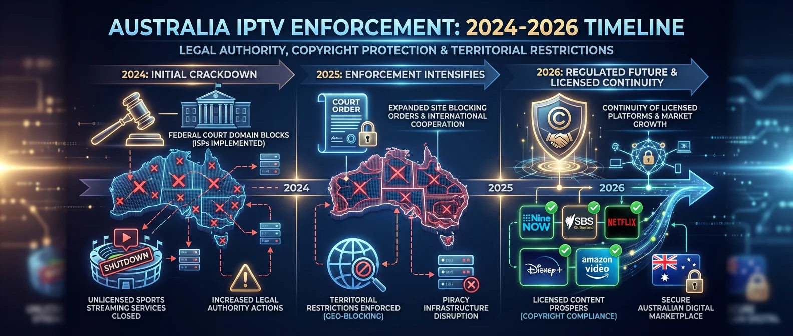 Timeline showing major legal actions against unlicensed IPTV services in Australia from 2024 to 2026, highlighting domain blocks, sports streaming shutdowns, and ongoing licensed service availability.