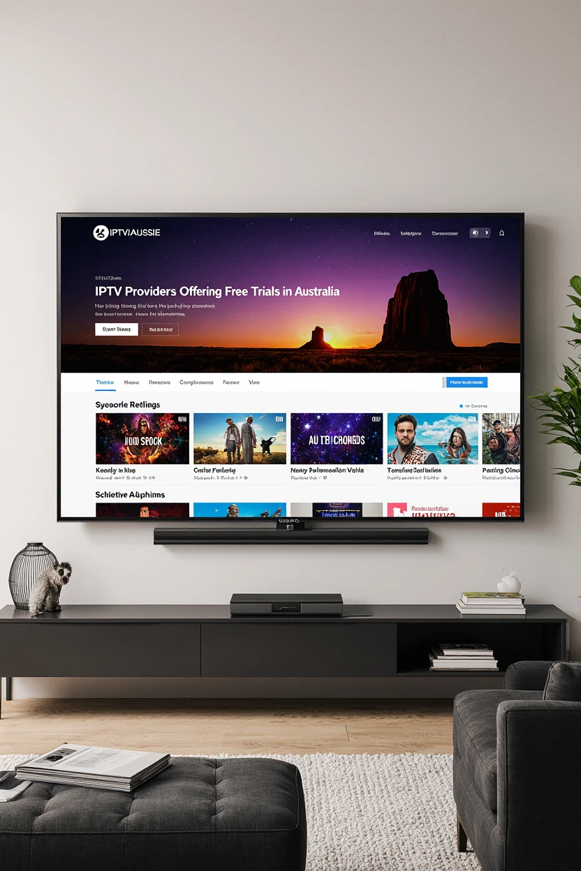 Smart TV showing IPTV Providers Offering Free Trials in Australia in bold on IPTVAUSSIE.COM’s trial interface in an Australian living room.