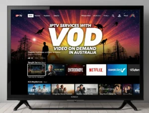 4K Smart TV showing IPTV Services with VOD (Video on Demand) in Australia in bold on