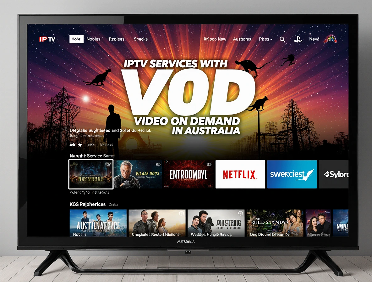 4K Smart TV showing IPTV Services with VOD (Video on Demand) in Australia in bold on