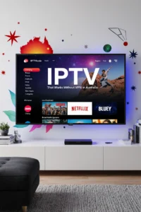 Smart TV showing IPTV That Works Without a VPN in Australia in bold on IPTVAUSSIE.COM’s interface in an Australian living room.