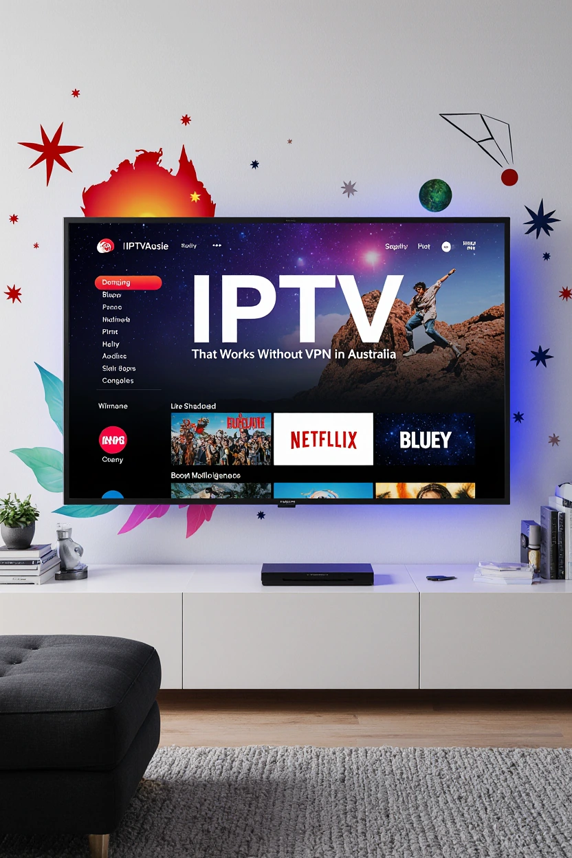 Smart TV showing IPTV That Works Without a VPN in Australia in bold on IPTVAUSSIE.COM’s interface in an Australian living room.