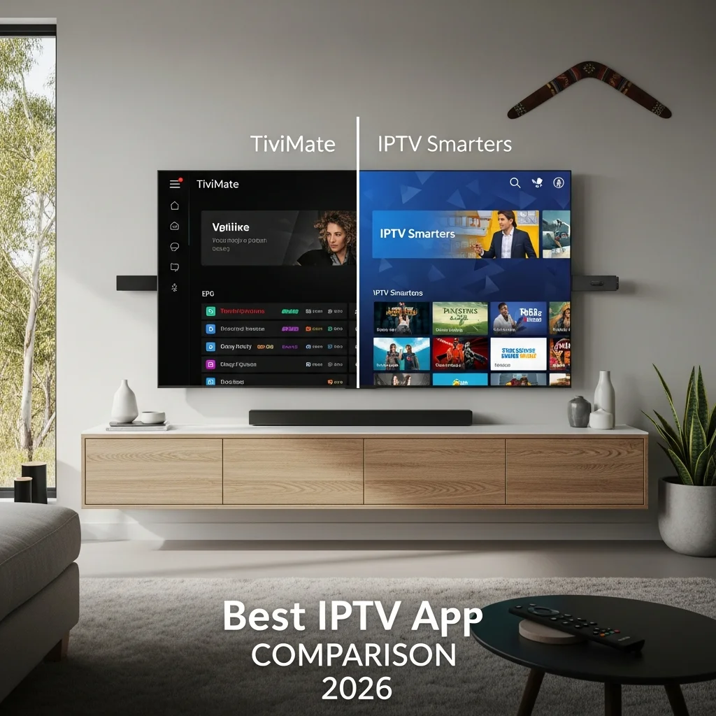 Comparison of TiviMate vs IPTV Smarters interfaces on a modern TV, highlighting the best IPTV apps in 2026.