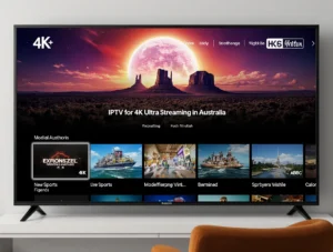 4K Smart TV displaying IPTV for 4K and Ultra HD Streaming in Australia in bold on IPTVAUSSIE.COM’s high-quality interface in an Australian living room.