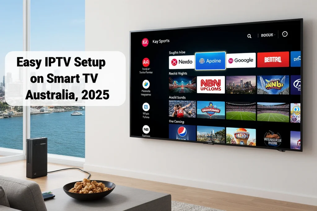 IPTV setup on Smart TV Australia: Samsung TV streaming Kayo Sports, 7plus on NBN in a modern Sydney living room, 2025 guide.