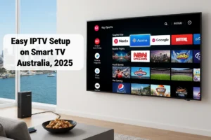 IPTV setup on Smart TV Australia: Samsung TV streaming Kayo Sports, 7plus on NBN in a modern Sydney living room, 2025 guide.