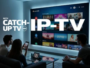 A cinematic digital artwork of a modern Australian living room with a smart TV displaying an IPTV interface featuring Catch-Up TV and replay controls for Australian content like NRL and The Masked Singer Australia. A family watches attentively, with a smartphone and tablet showing the same app. The bold text "IPTV with Catch-Up TV and Replay Features in Australia" is prominently overlaid in neon-white font across the image, set against a stylized cityscape and starry sky.