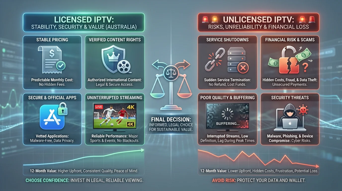 Comparison image showing licensed IPTV services versus unlicensed IPTV risks in Australia, highlighting cost, reliability, legal safety, and long-term value.