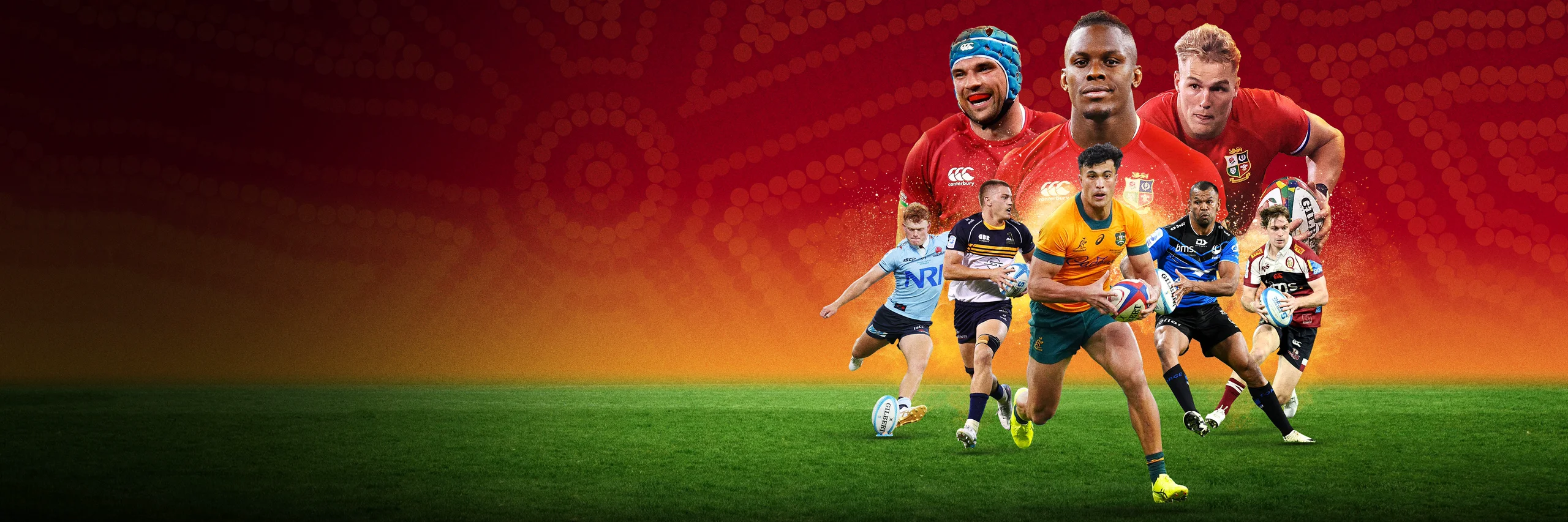 Dynamic image featuring multiple rugby players in action and portraits, representing the sport.