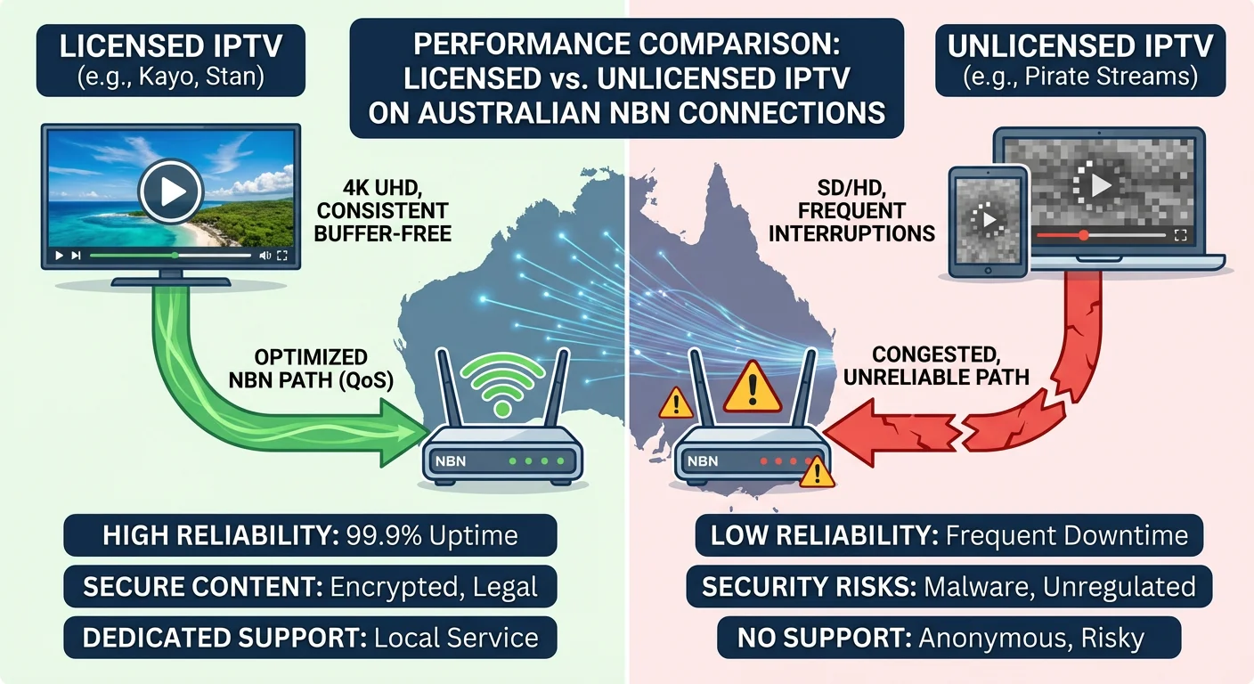 Infographic comparing licensed IPTV and unlicensed IPTV performance on Australian NBN connections, showing reliable 4K streaming for licensed services versus low‑quality, frequently interrupted streams and higher security risks for unlicensed pirate IPTV.