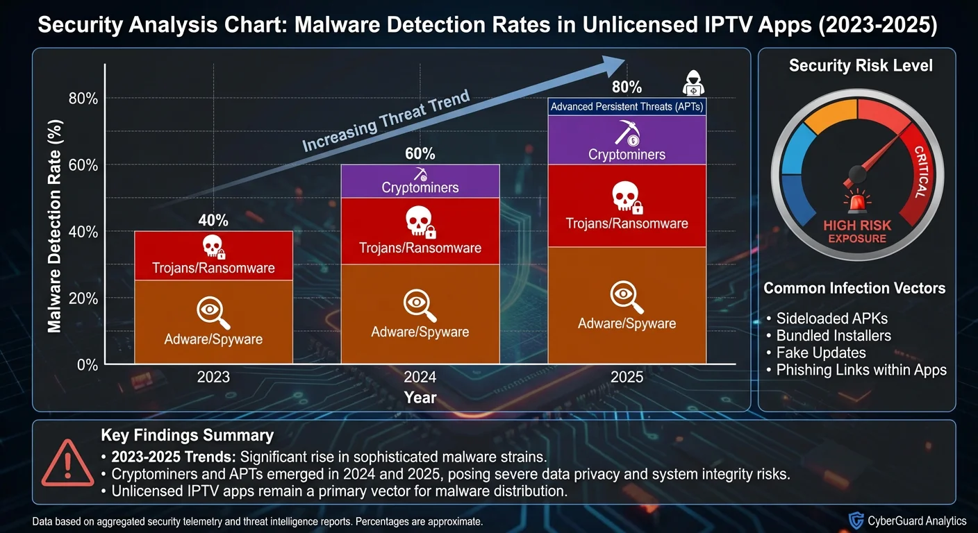 Infographic chart showing rising malware detection rates in unlicensed IPTV apps from 2023 to 2025, highlighting adware, trojans, ransomware, cryptominers, and advanced persistent threats with a critical security risk gauge.