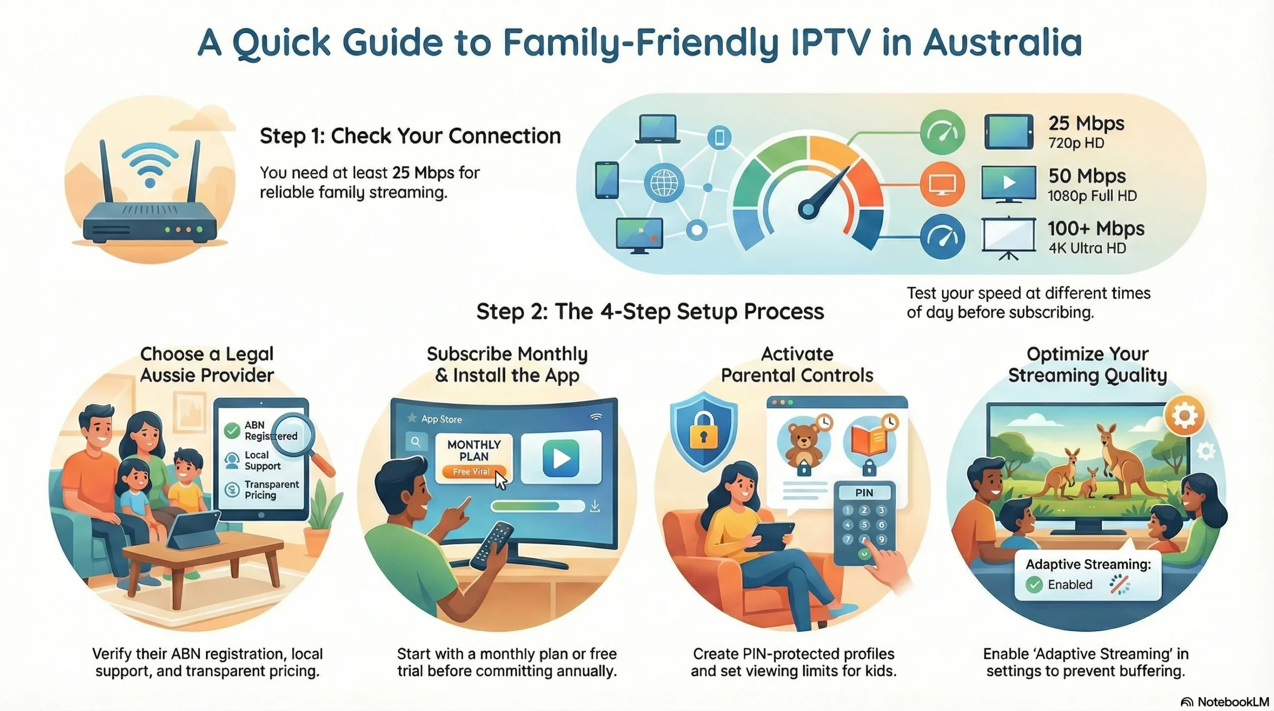 Infographic showing steps for setting up family-friendly IPTV in Australia, including internet speed tips, legal provider selection, app installation, parental controls, and streaming optimization.
