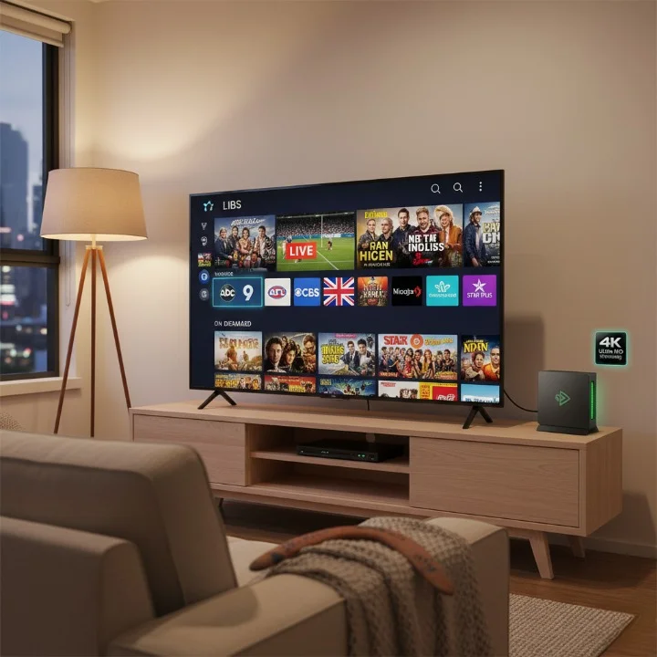 IPTV boxes streaming 4K Australian and international channels on a modern Smart TV in an Australian living room.