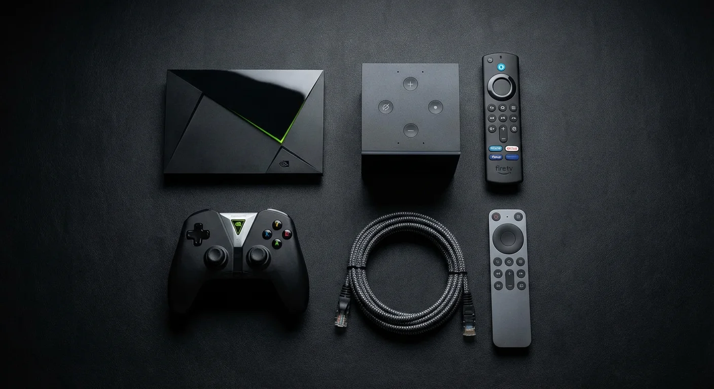 High-resolution tech flat lay featuring NVIDIA Shield TV Pro and Amazon Fire TV Cube with Ethernet cable and remote, highlighting the best IPTV boxes for 2026.