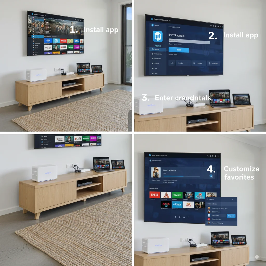 IPTV setup guide in Australia showing smart TV, router, and IPTV Smarters app installation