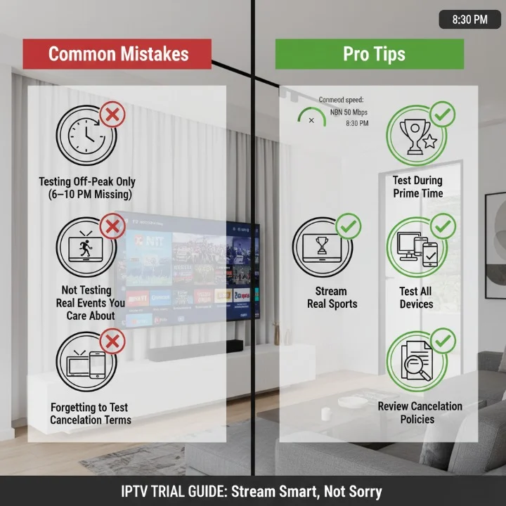 Infographic showing common mistakes Australians make during IPTV free trials, with icons for buffering, testing devices, and reading cancellation terms