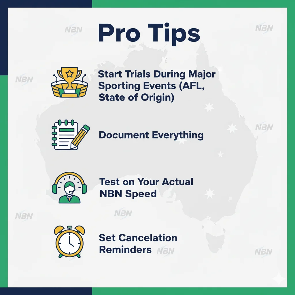 Infographic showing expert tips for maximizing IPTV free trials in Australia, with icons for sports events, NBN speed testing, note-taking, and customer support