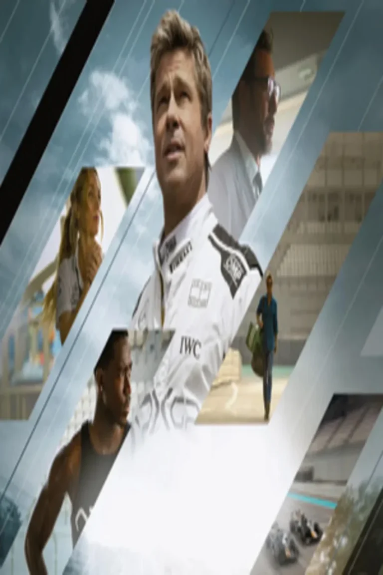 Movie poster for an upcoming Formula 1 film featuring Brad Pitt in a racing suit alongside other cast members and racing elements.
