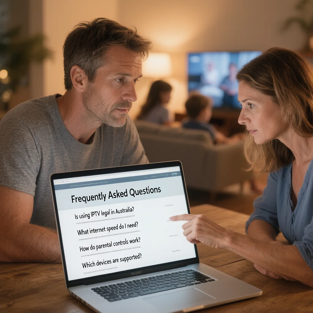 Parents in Australia reviewing a FAQ list about family-friendly IPTV services on a laptop