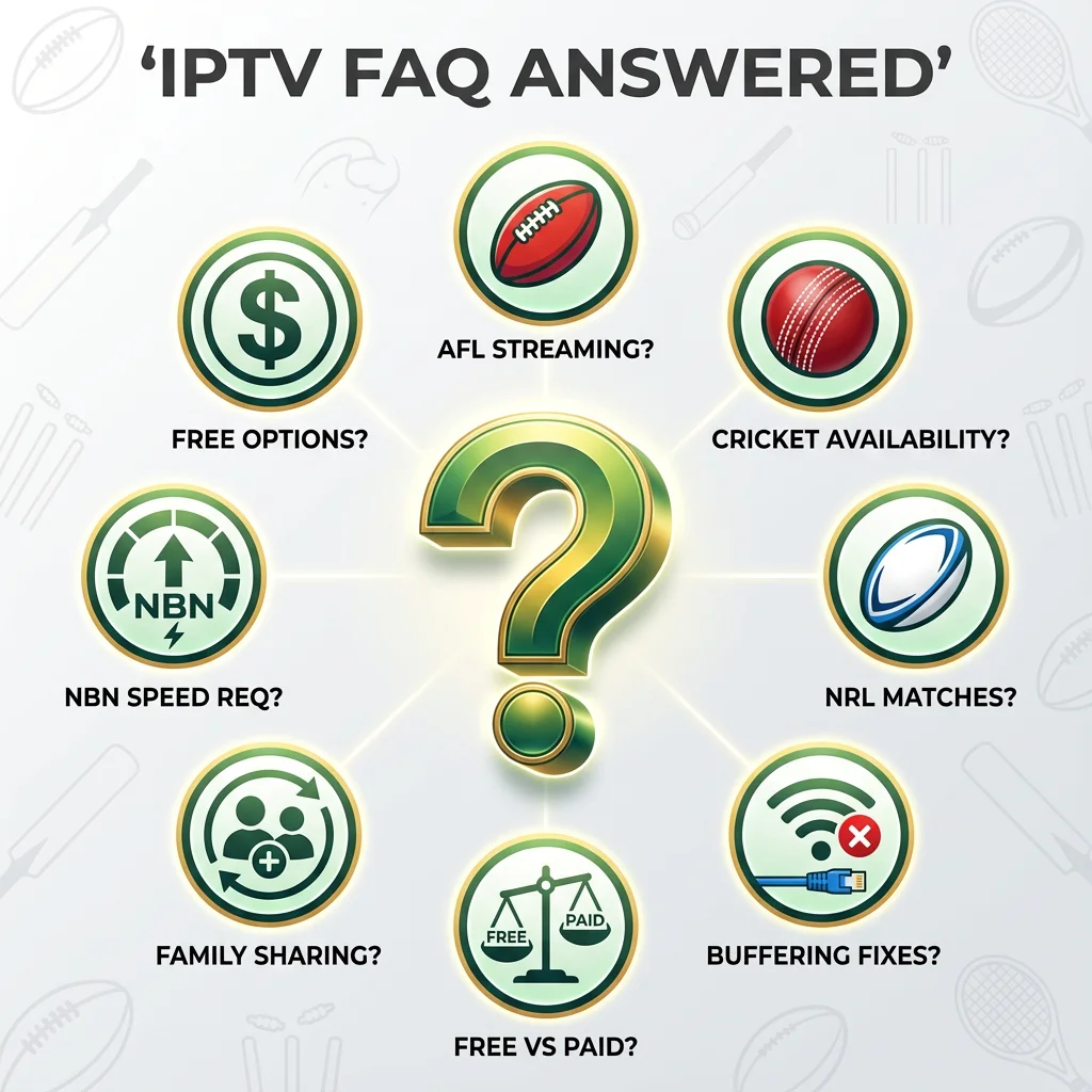 IPTV FAQ for Australian sports fans - common questions answered about cheapest options, AFL streaming, cricket coverage, NRL services, buffering solutions, free vs paid, sharing, and NBN upgrades