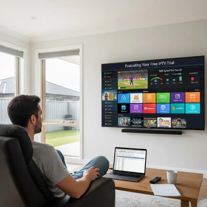 Australian user testing IPTV free trial on Smart TV with NBN connection speed comparison