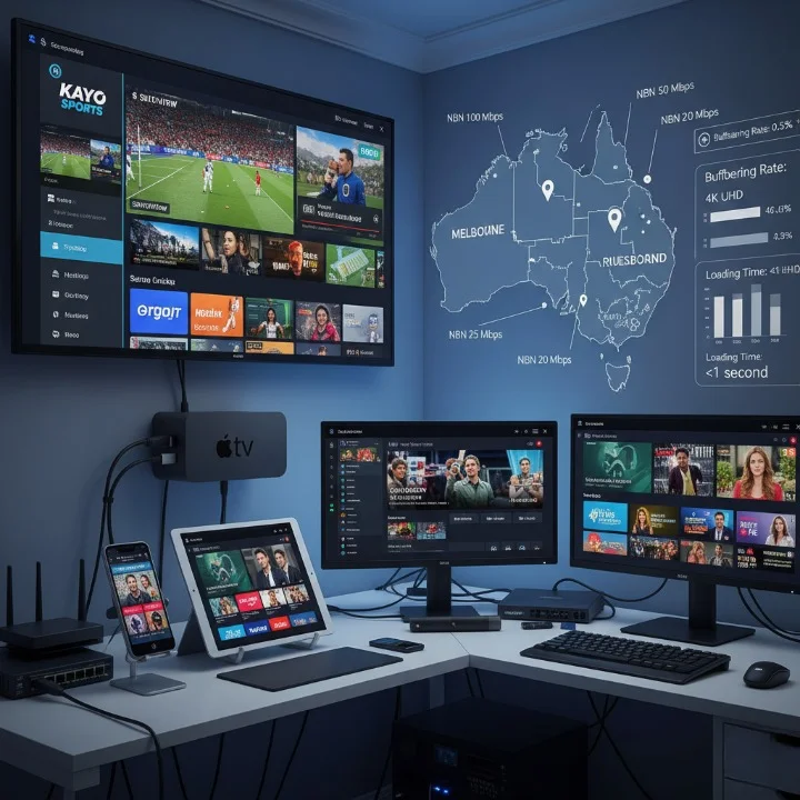 Australian IPTV testing setup showing Smart TVs, streaming devices, and NBN locations used for trial evaluation