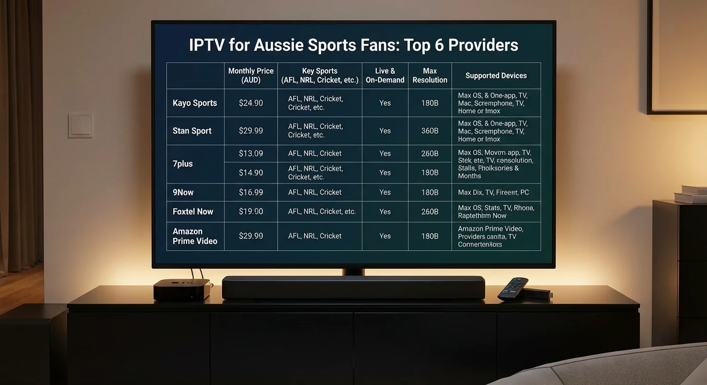 High-tech 4K smart TV showing a clear, legible chart of the top 6 IPTV providers for Aussie sports fans. Kayo Sports, Stan Sport, 7plus, 9Now, Foxtel Now, Amazon Prime Video listed with price and coverage details. Bold text on screen reads: IPTV for Aussie Sports Fans. Ultra-realistic, sharp, no humans.