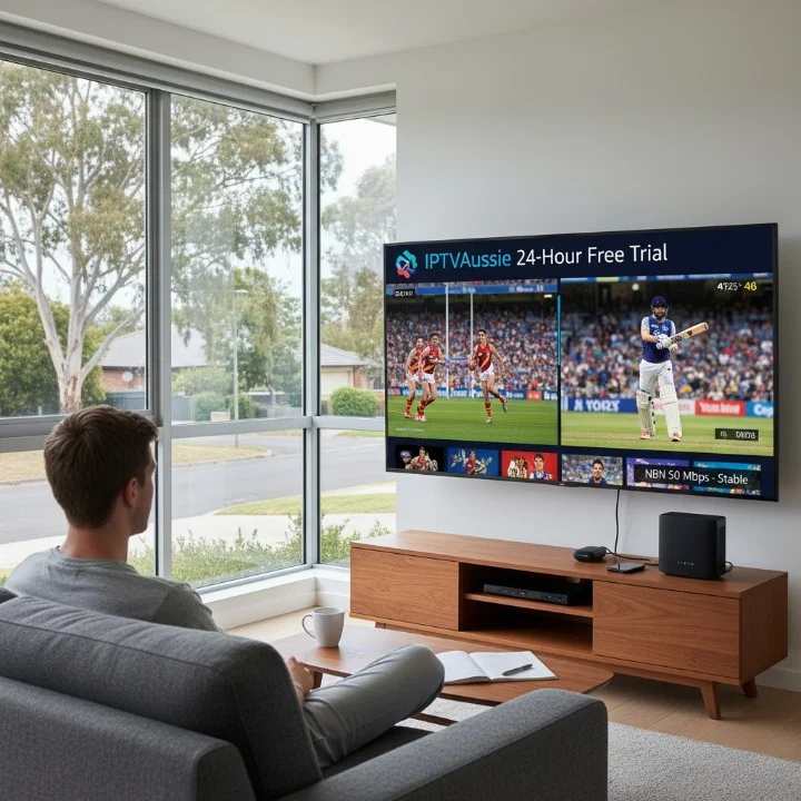 Testing IPTVAussie free trial on Samsung Smart TV in Sydney with stable 4K sports streaming