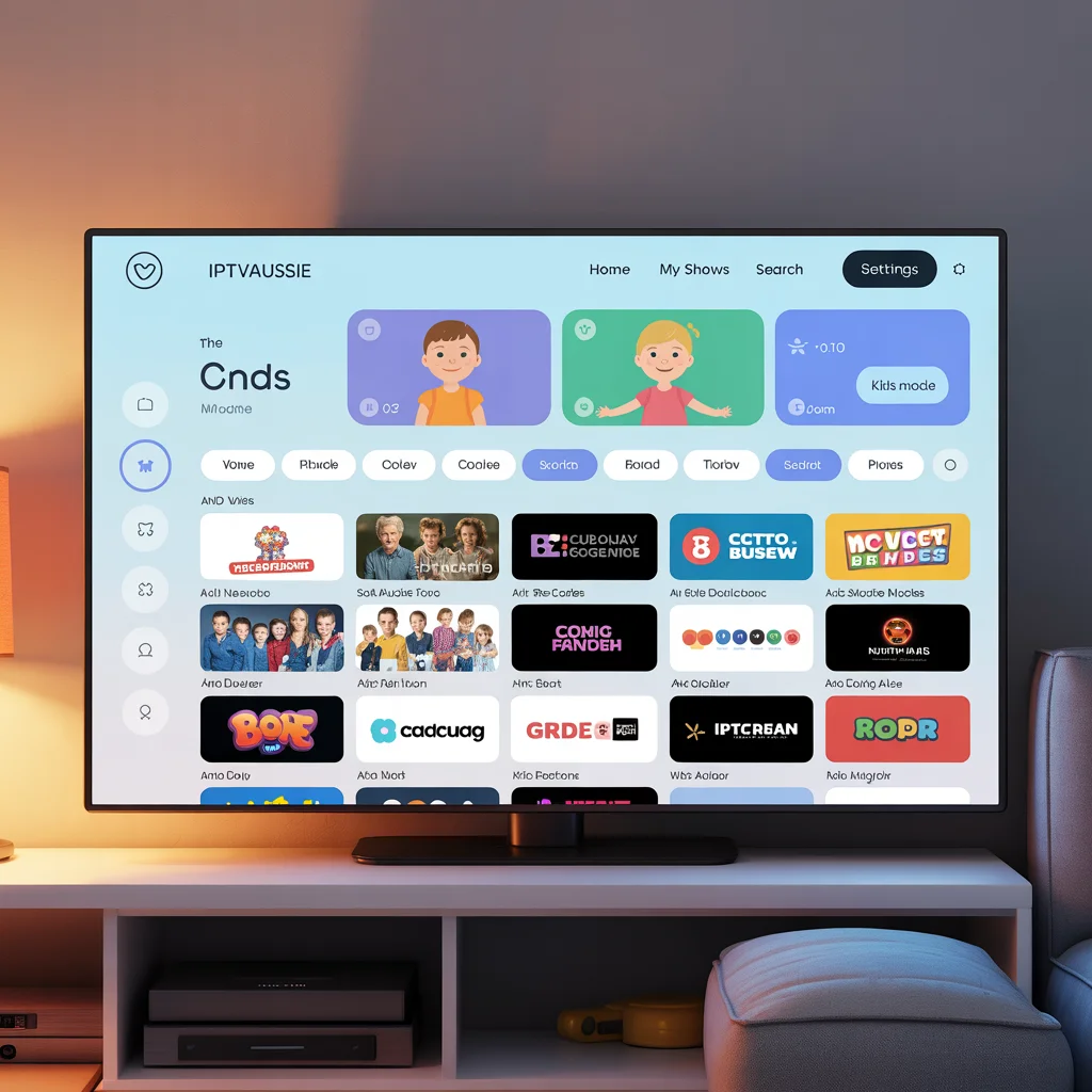  IPTVAUSSIE style IPTV home screen with kids’ profiles and Australian channels in 4K