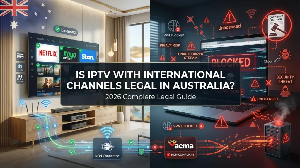 Is IPTV with international channels legal in Australia split-screen comparison showing licensed streaming services on Smart TV versus unlicensed illegal IPTV with copyright warnings and ACMA compliance indicators