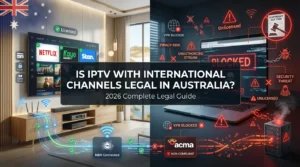 Is IPTV with international channels legal in Australia split-screen comparison showing licensed streaming services on Smart TV versus unlicensed illegal IPTV with copyright warnings and ACMA compliance indicators