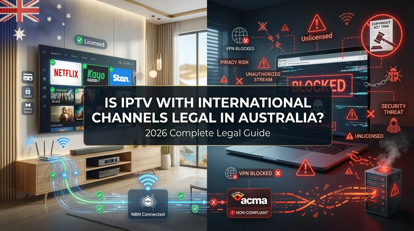Is IPTV with international channels legal in Australia split-screen comparison showing licensed streaming services on Smart TV versus unlicensed illegal IPTV with copyright warnings and ACMA compliance indicators