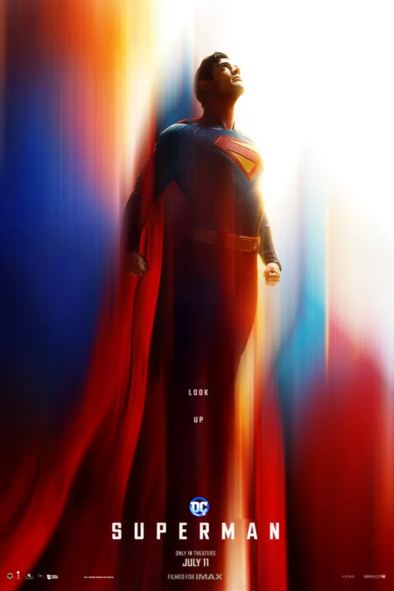 Movie poster for Superman (2025) showing Superman looking upwards, with light streaks in red, blue, and yellow behind him.
