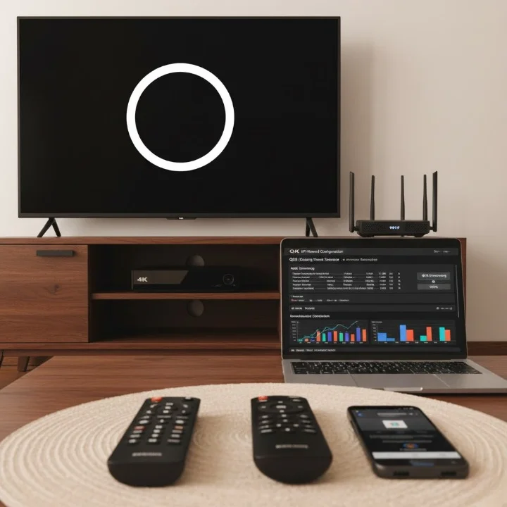 4K IPTV box showing buffering on TV screen with router QoS settings and multiple remotes in foreground.