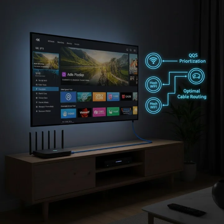 4K IPTV box connected via Ethernet to a router, showing smooth streaming and network optimization tips.