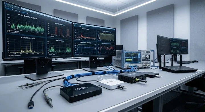 A professional tech workspace with multiple 4K IPTV boxes, performance graphs, device benchmarks, and network testing tools showing the differences between premium and budget 4K IPTV streaming devices.