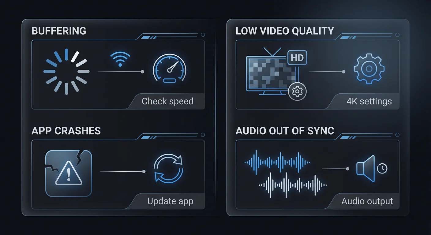 Technical Apple TV 4K troubleshooting dashboard showing icons for buffering, app crashes, low video quality and audio sync issues, with step-by-step fix options for each common streaming problem.