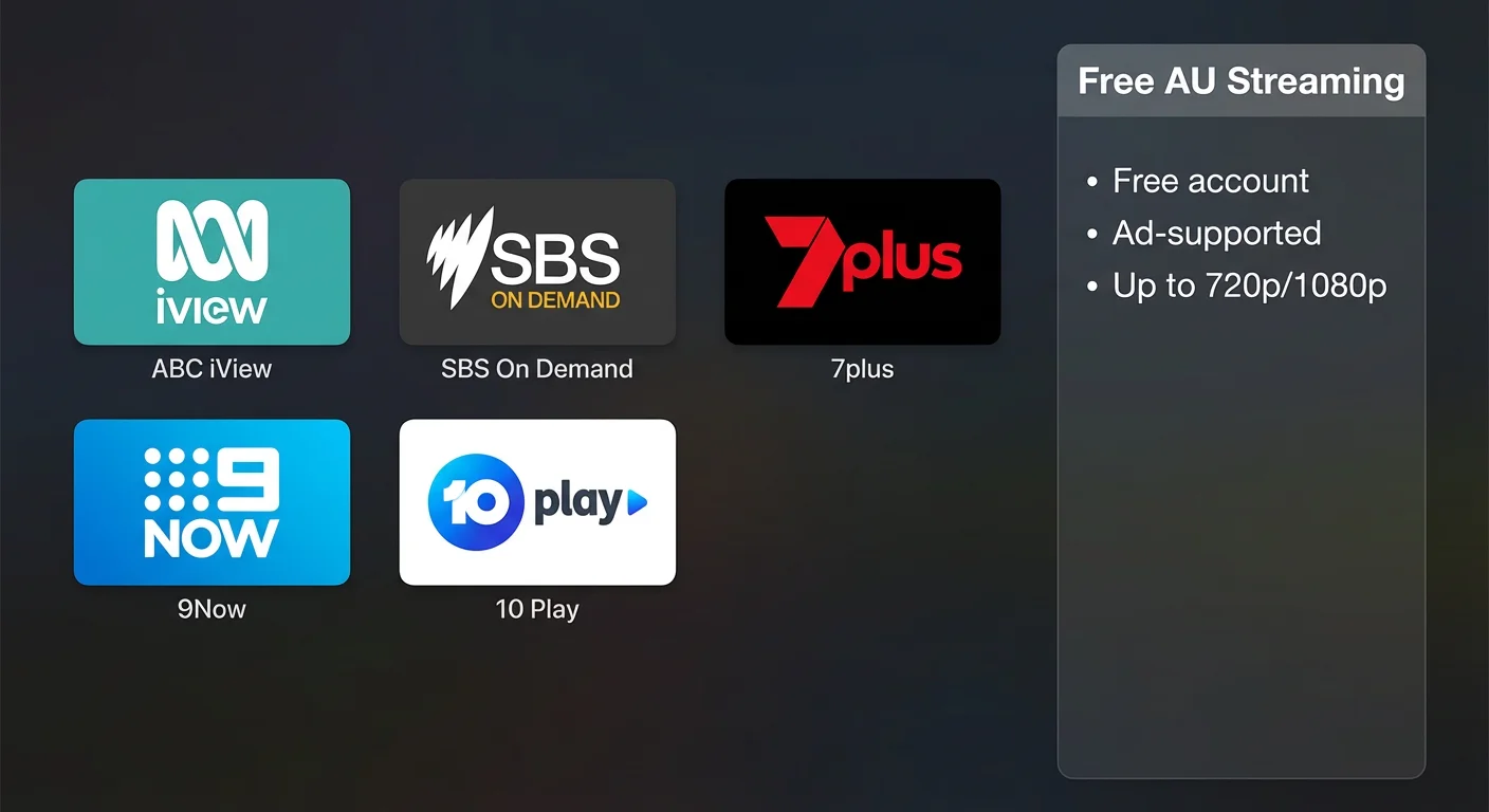Technical Apple TV 4K interface showing installed free-to-air Australian streaming apps ABC iView, SBS On Demand, 7plus, 9Now and 10 Play, with a simple comparison of account, ads and video quality.