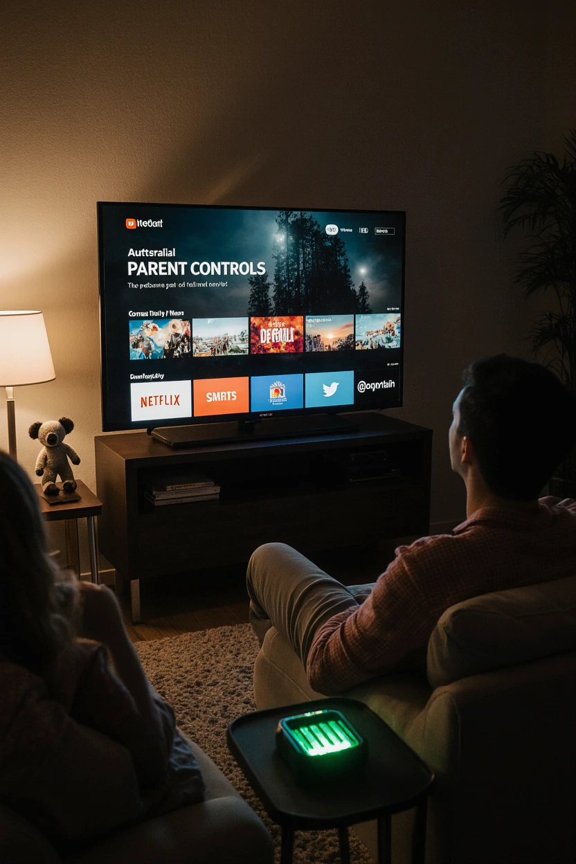 A cinematic view of an Australian family in a cozy living room watching a 4K smart TV with streaming apps, featuring bold text Australia IPTV Parental Controls on the screen, with a router glowing softly nearby.
