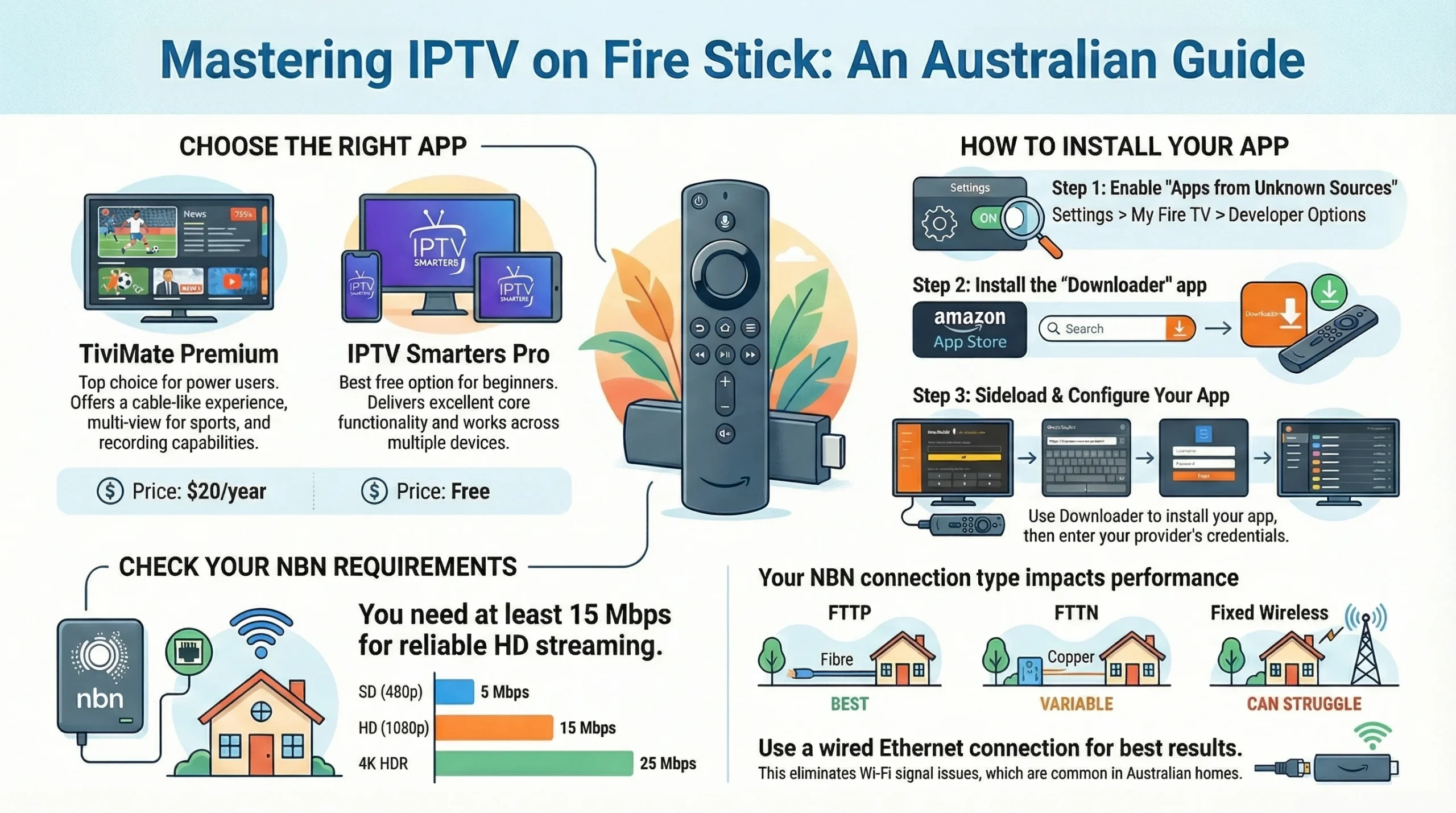 Comprehensive guide infographic for Australians on setting up IPTV apps on Fire Stick, featuring app selection, sideloading steps via Downloader, NBN speed needs (10 Mbps minimum, 15+ for HD), and connection types like FTTP, FTTN, and fixed wireless.
