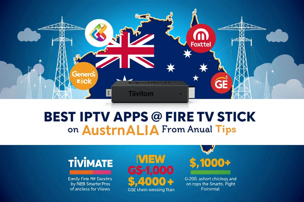 Infographic showcasing the best IPTV apps on Amazon Fire Stick for Australia, featuring a Fire TV Stick 4K Max, app icons (IPTV Smarters Pro, TiviMate, GSE Smart IPTV), and a cost comparison chart, set against an Australian flag backdrop with NBN network visuals.